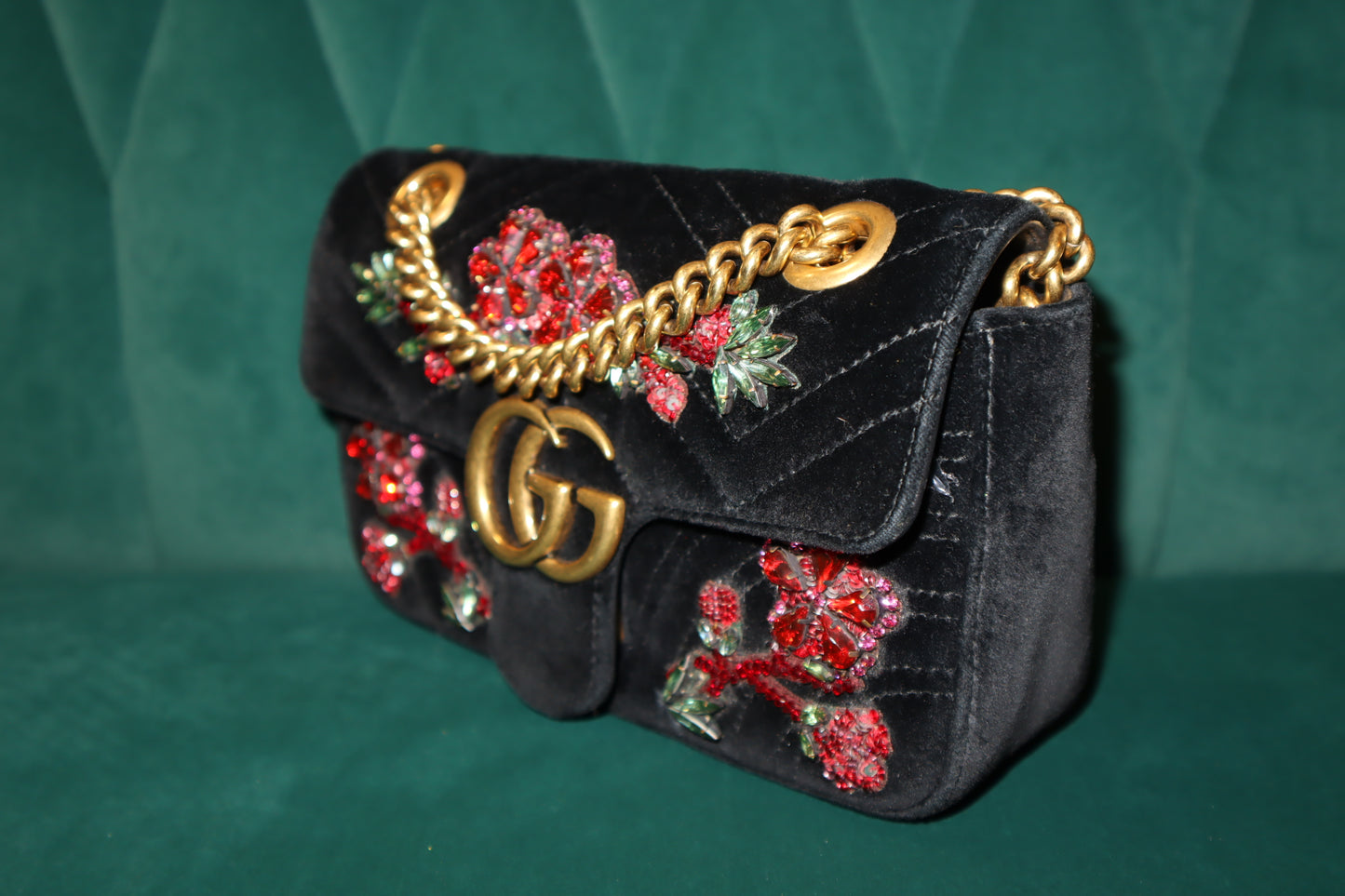 Gucci Velvet Matelassé Mini GG Marmont Bag – Black Pre-Owned