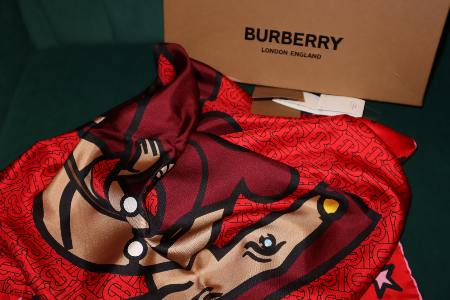 NEW Burberry Bright Red Year of The Rat Monogram Silk Scarf