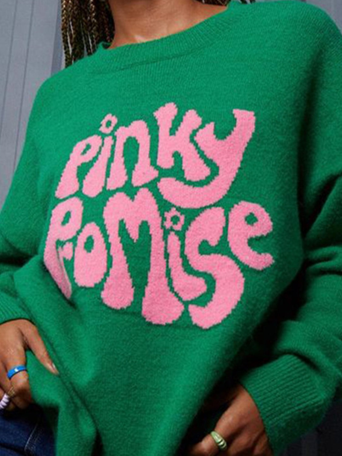 Pinky Promise Round Neck Drop Shoulder Sweater