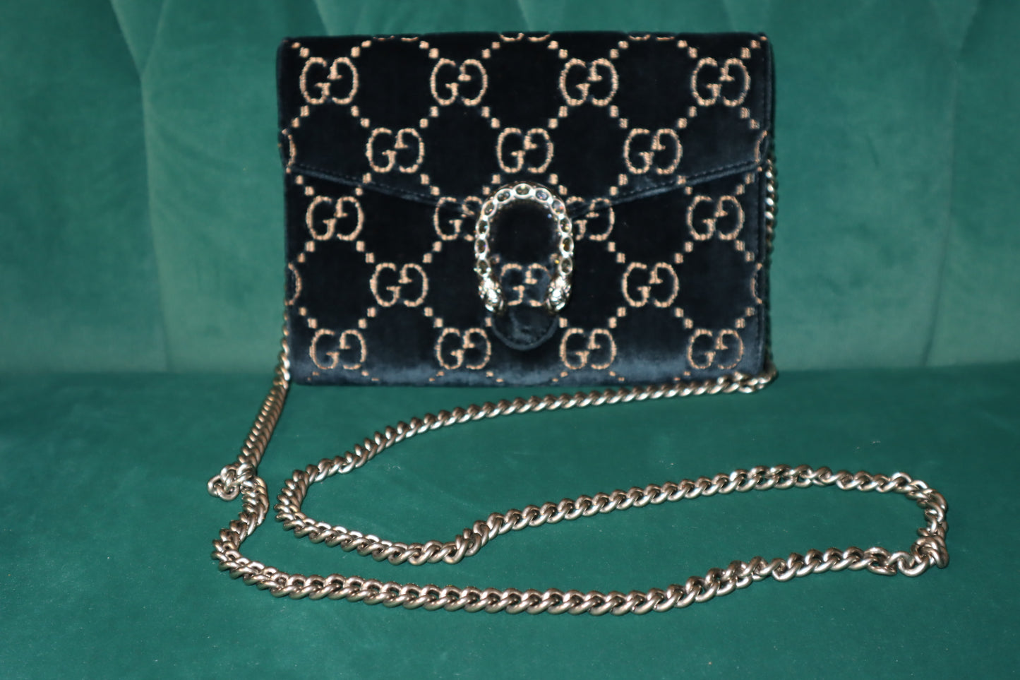 Gucci Velvet Super Mini Dionysus A Luxe Small Shoulder Bag in Blue, Beige, and Black Pre-Owned