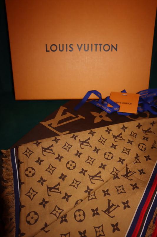 Pre-owned Louis Vuitton Brown on Beige Large Shawl Scarf