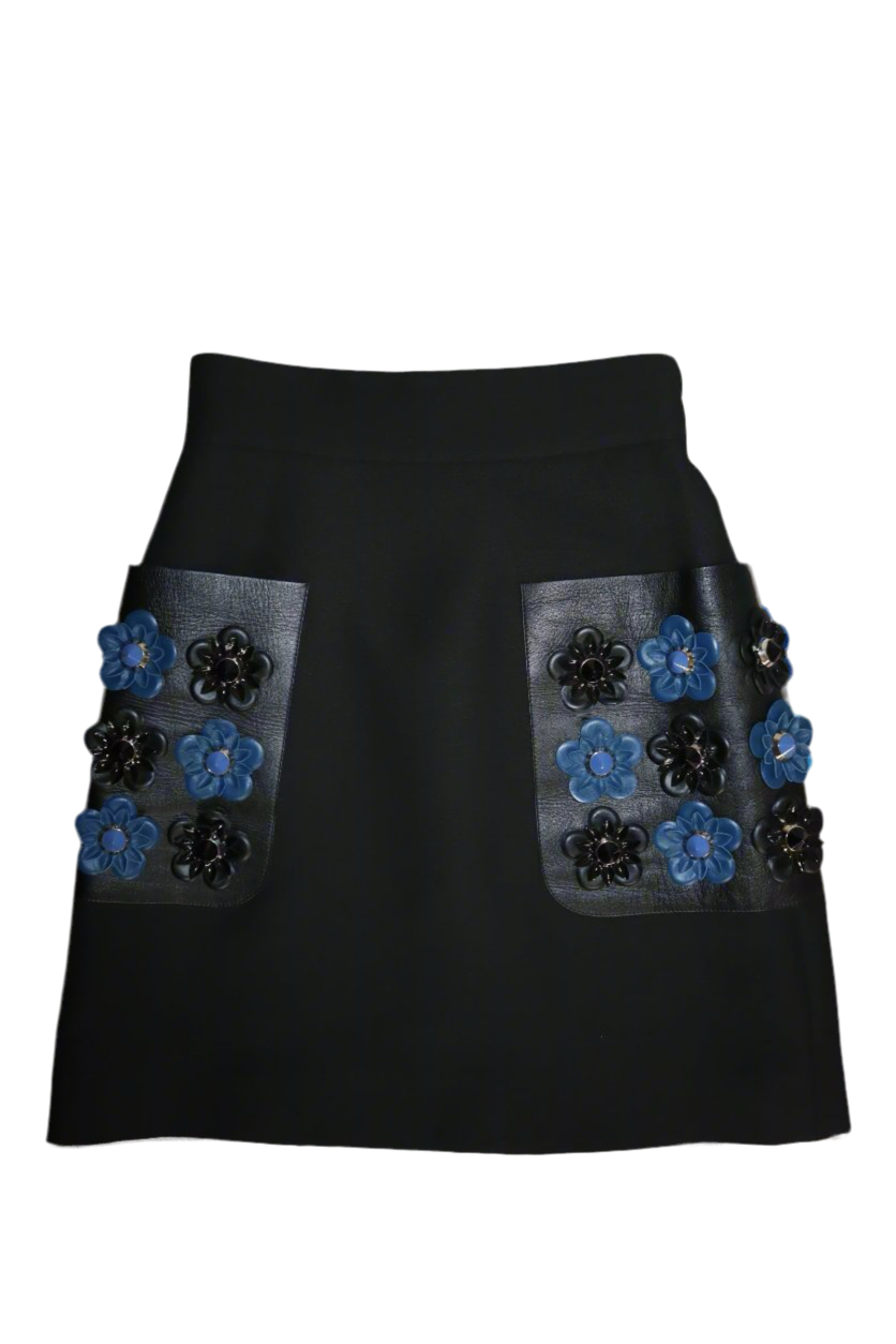 Pre-Owned Fendi Black Leather Floral Skirt