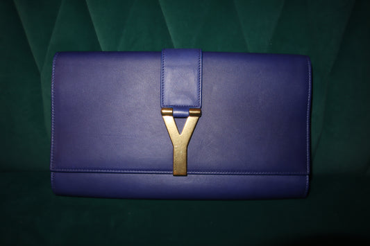 Saint Laurent Paris Large Chyc Clutch in Blue Leather Pre-Owned