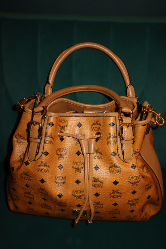 Pre-Owned MCM  Visetos Medium Drawstring Shopper Cognac Crossbody