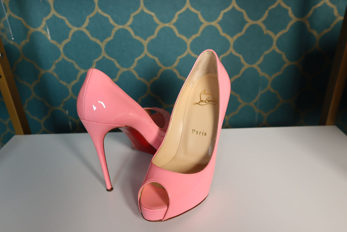 Christian Louboutin Pink Patent Leather New Very Prive Peep Toe Platform
