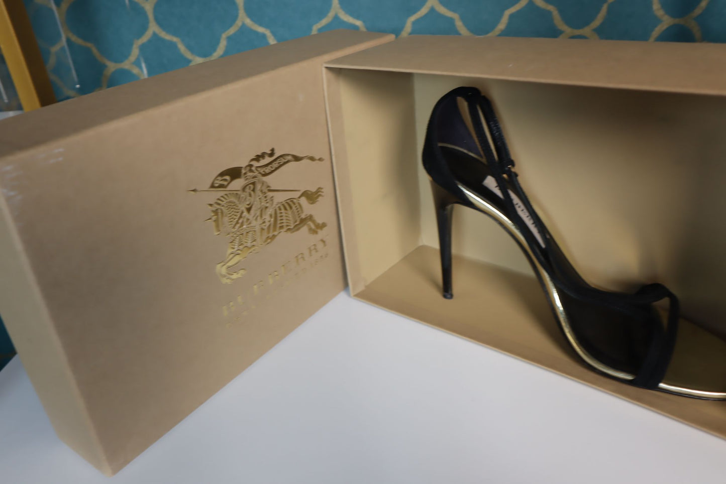 Burberry Black Suede Leather And Gold Stiletto