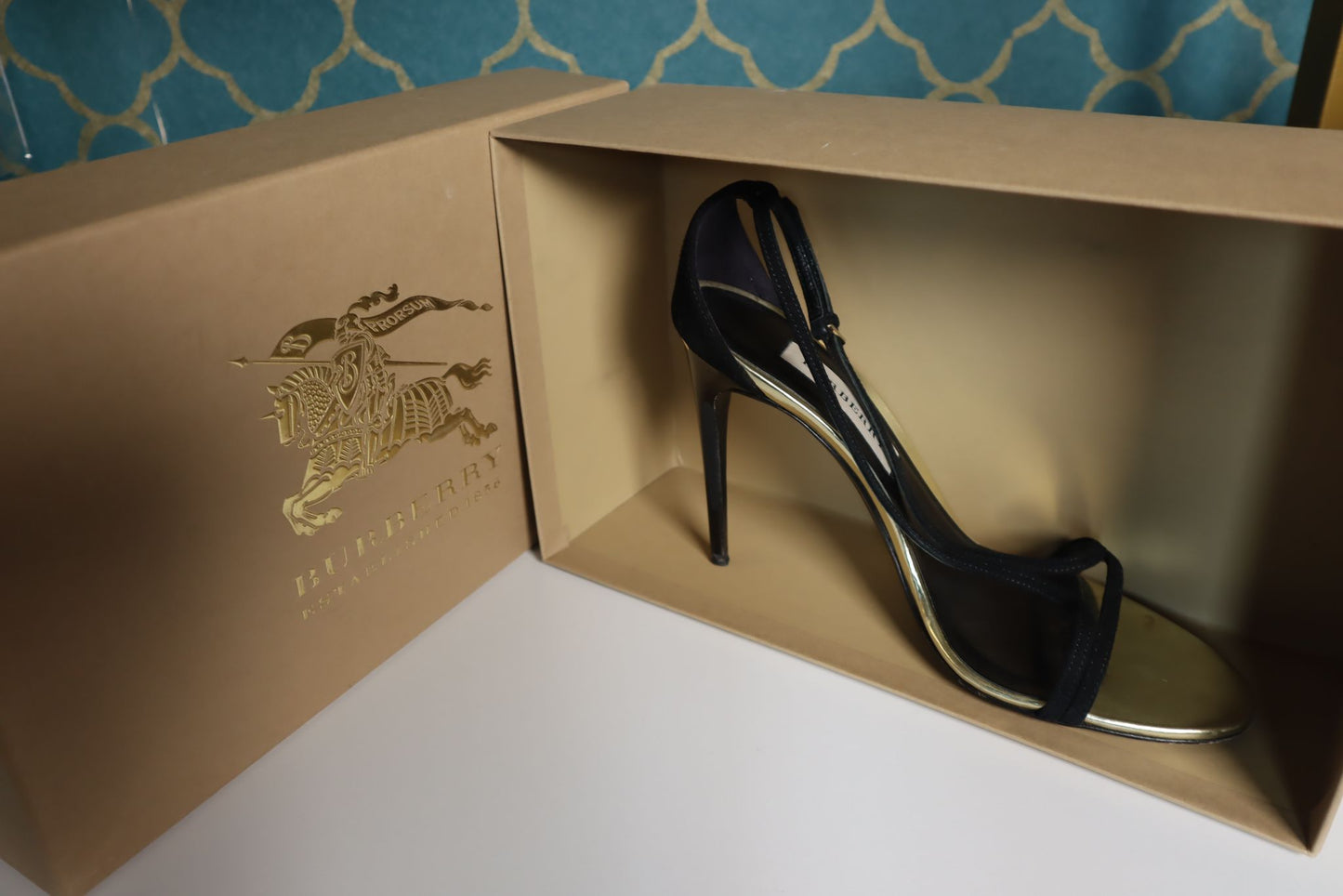 Burberry Black Suede Leather And Gold Stiletto