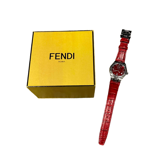 Fendi Stainless Steel Alligator Diamond 33mm High Speed Quartz Watch Red