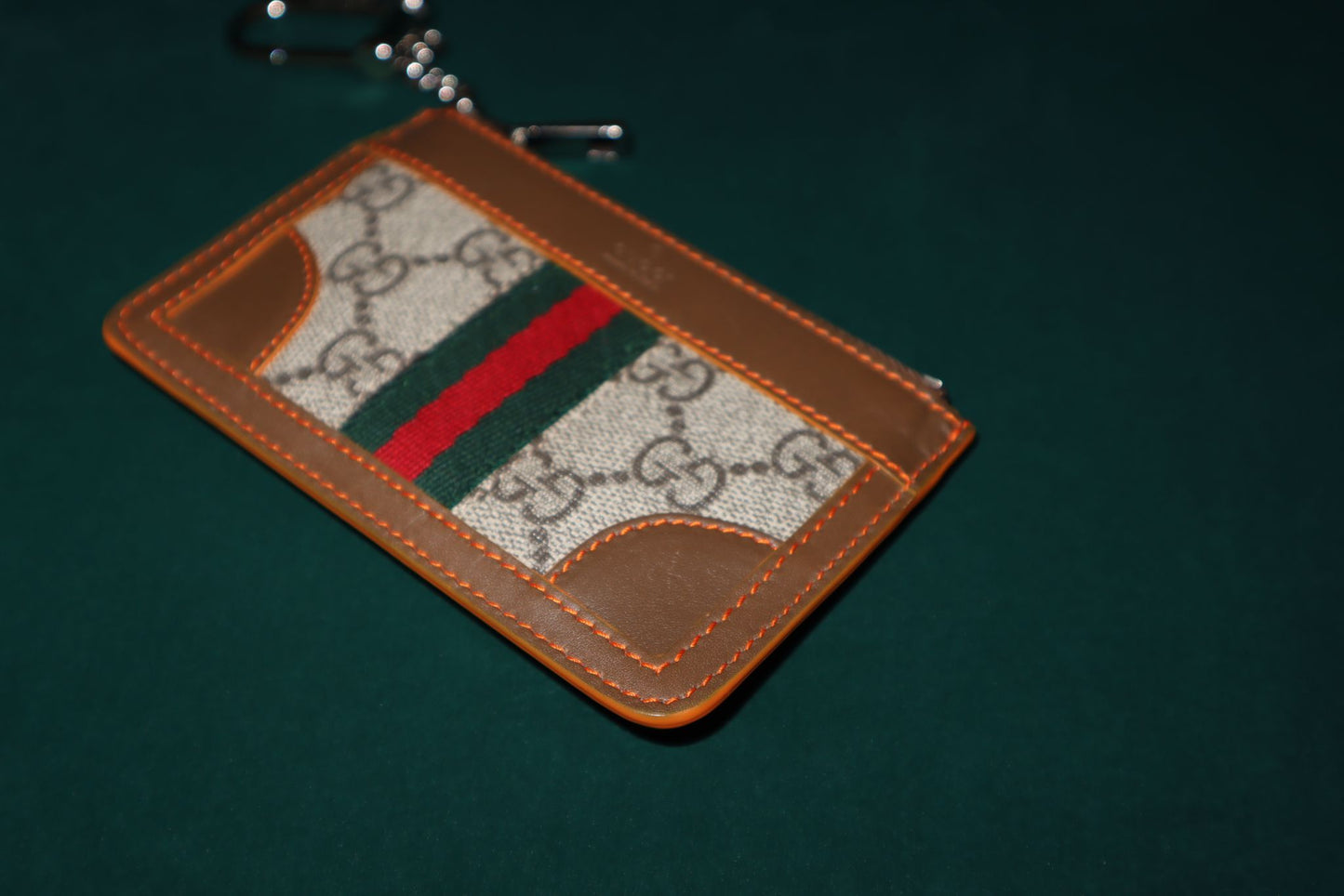 Gucci GG Coin Case Canvas X Leather Silver Hardware X Orange Stitch Lining
