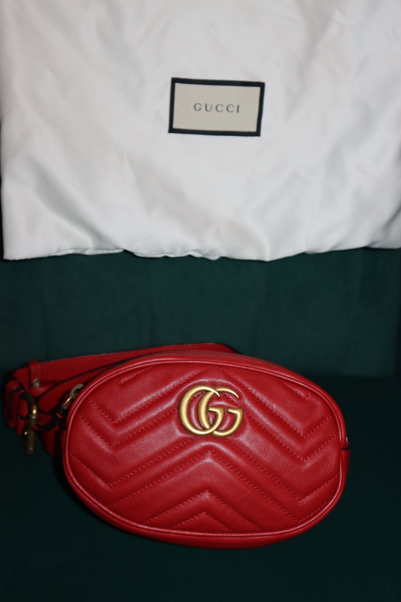 Gucci Calfskin Matelasse GG Marmont Belt Bag 95 38 Hibiscus Red