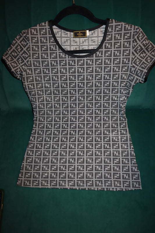 Pre-Loved Fendi Zucca Black & Grey Patterned Short Sleeve 42 Medium stretch