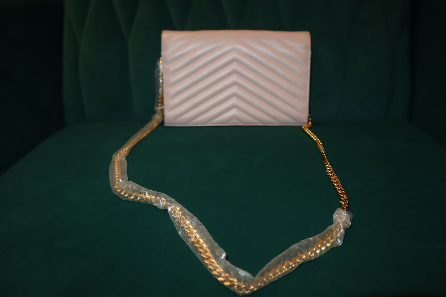 Saint Laurent Grain De Poudre Matelasse Chevron Monogram Chain Wallet Rose/Blush Antic NEW