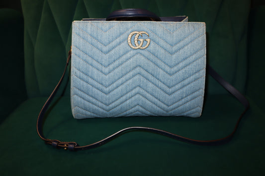 Gucci Marmont Blue Denim Small Tote Crossbody - Pre-Loved Elegance