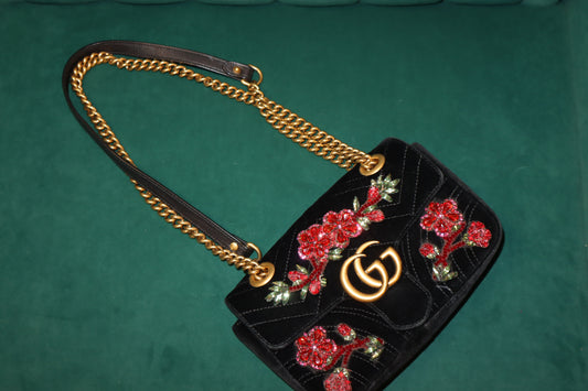 Gucci GG Marmont Chain Shoulder Bag Velor Black Gold - Pre-Loved