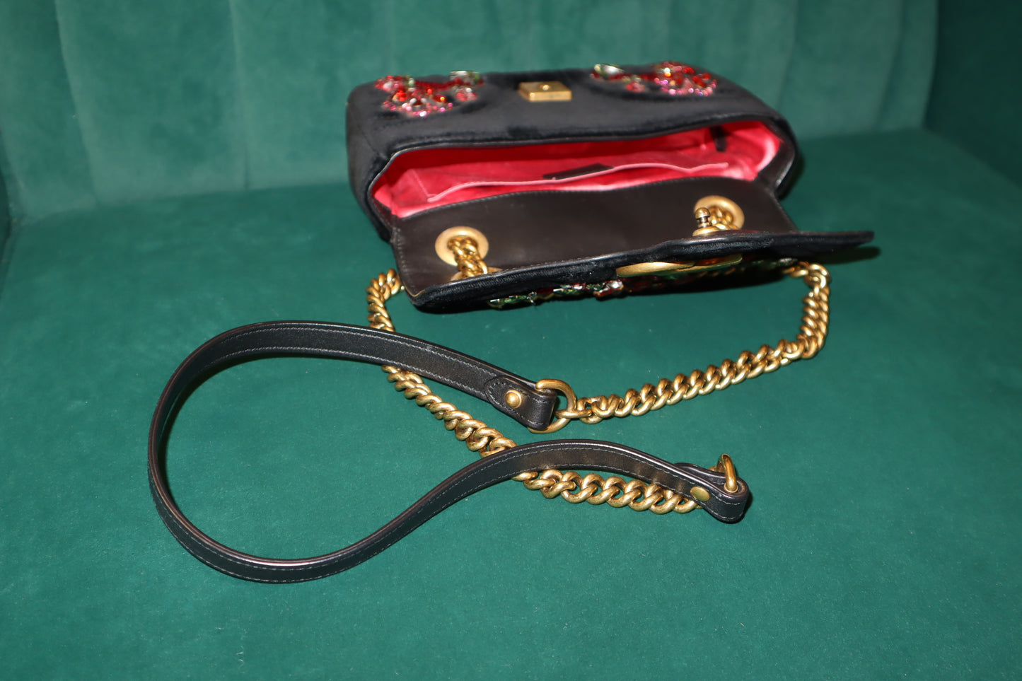 Gucci GG Marmont Chain Shoulder Bag Velor Black Gold - Pre-Loved