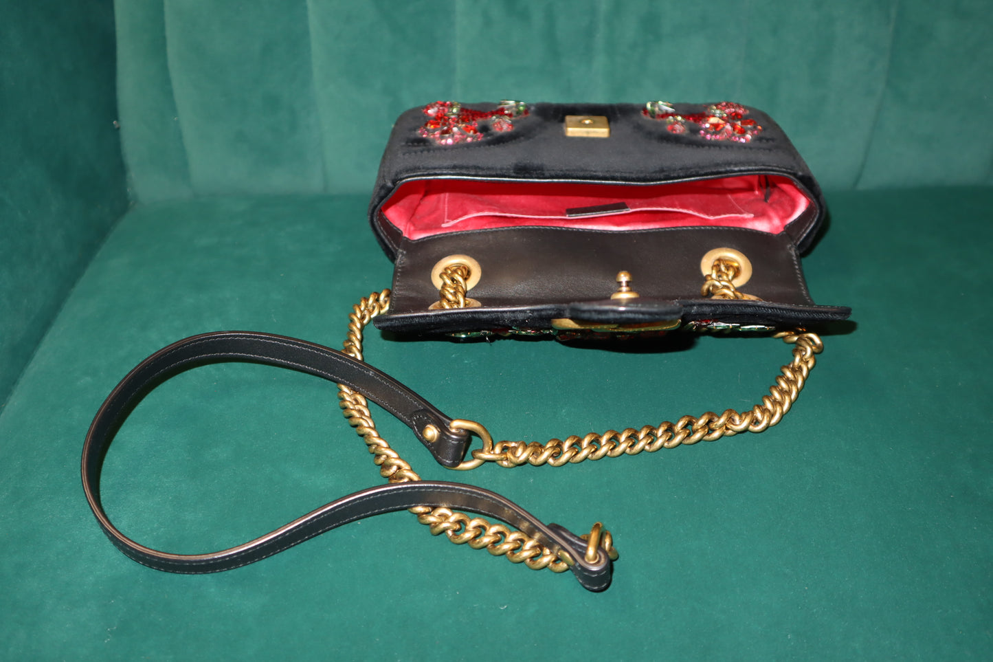 Gucci GG Marmont Chain Shoulder Bag Velor Black Gold - Pre-Loved