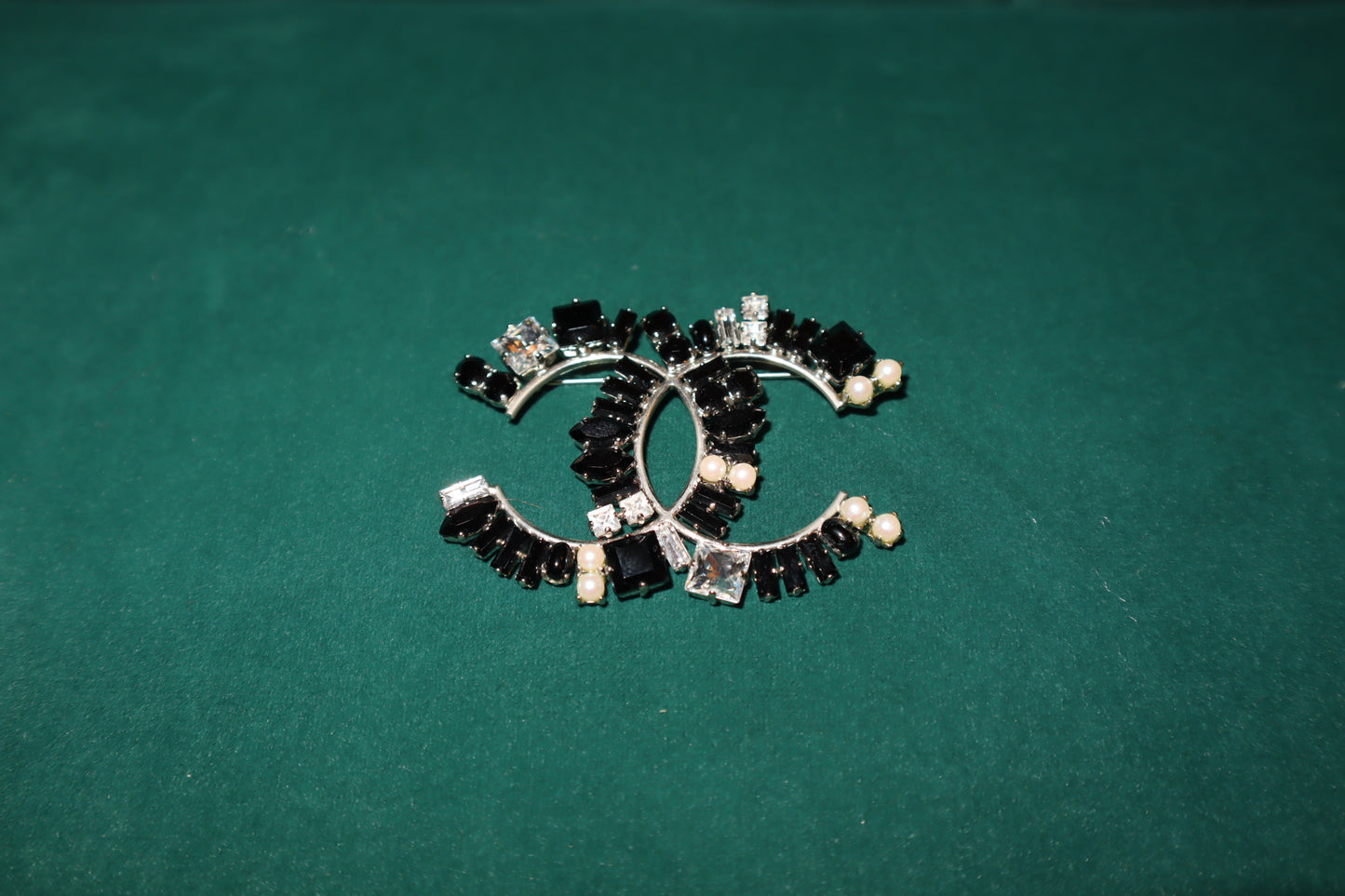 Pre-Loved Chanel Baguette Crystal CC Brooch Black Silver