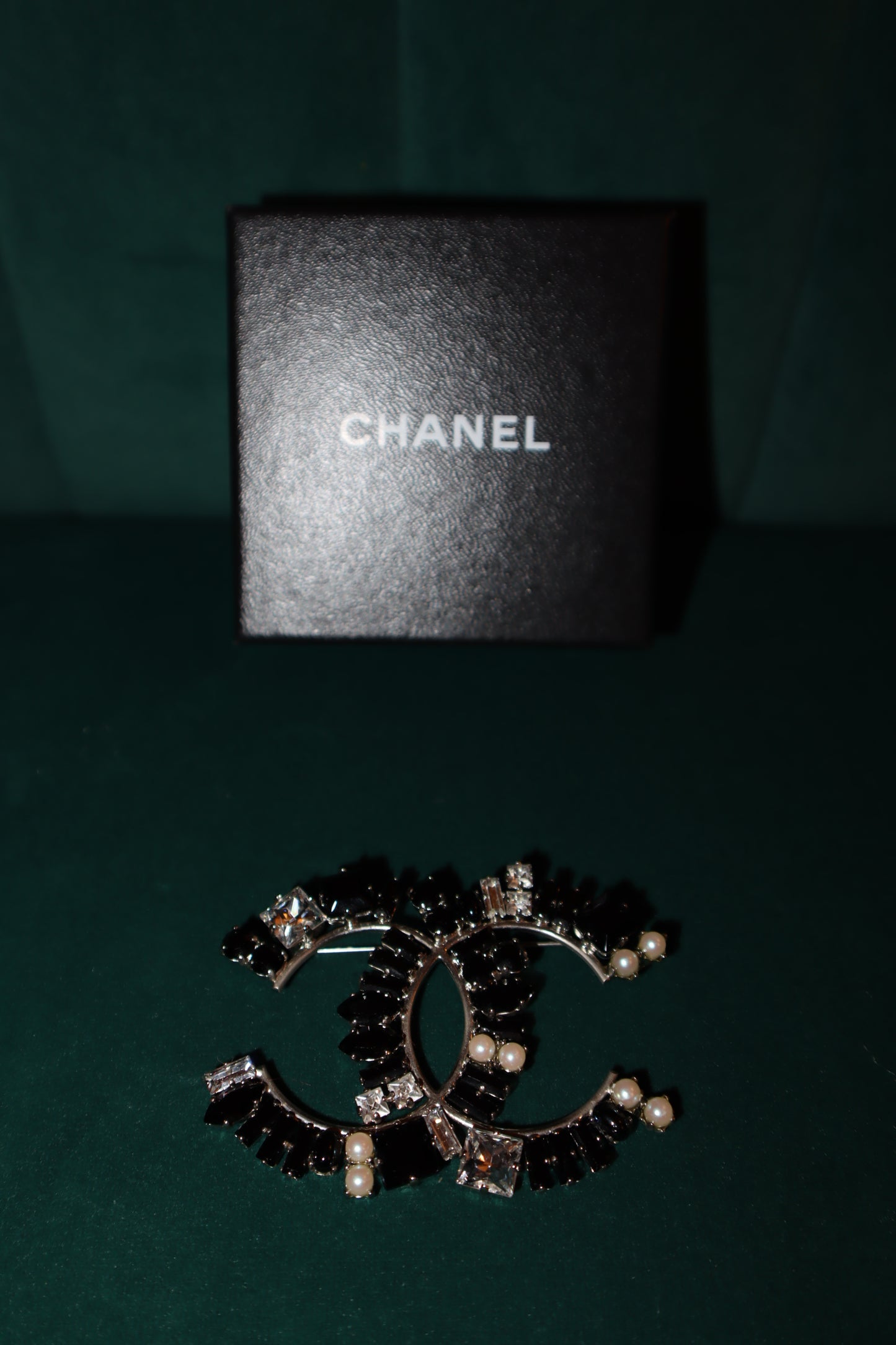 Pre-Loved Chanel Baguette Crystal CC Brooch Black Silver