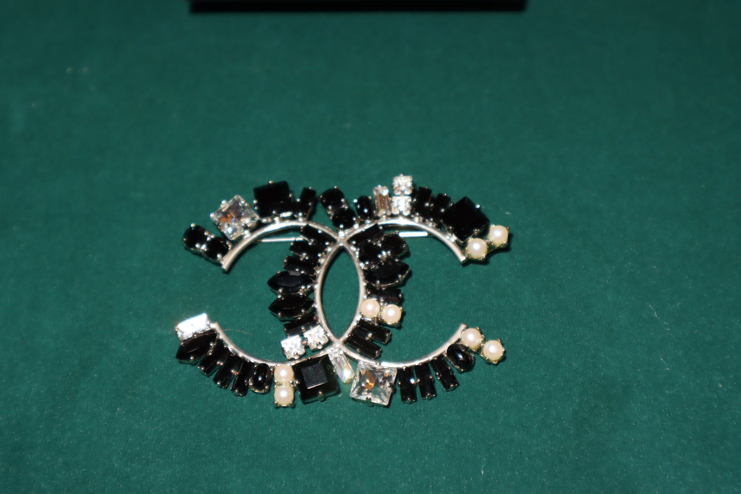 Pre-Loved Chanel Baguette Crystal CC Brooch Black Silver