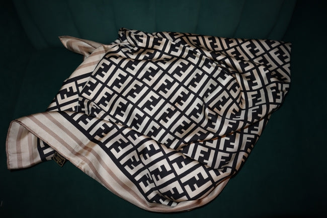 Pre-Loved FENDI Zucca Pattern Silk scarf Beige Black