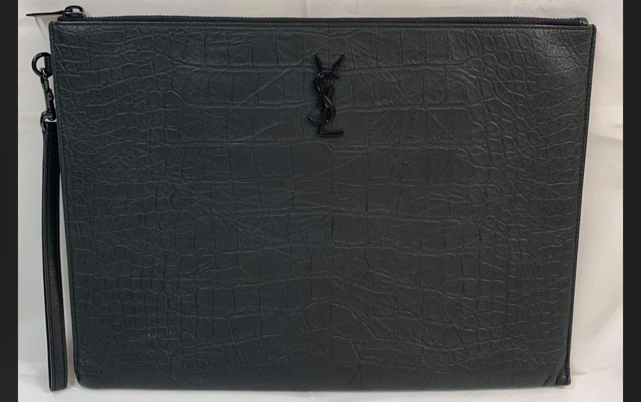 Saint Laurent Black Croc Embossed Leather Monogram Pouch Large