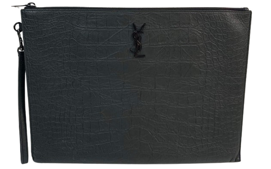 Saint Laurent Black Croc Embossed Leather Monogram Pouch Large