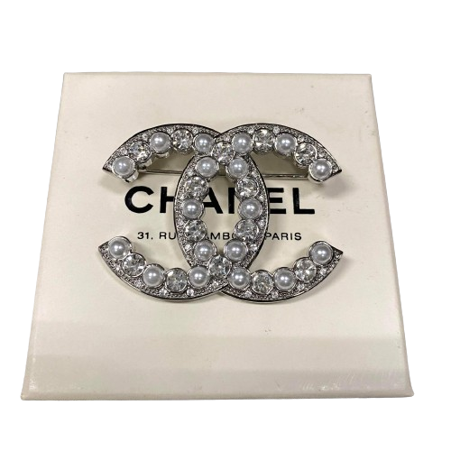 CHANEL Pearl Crystal April In Paris CC Brooch Silver