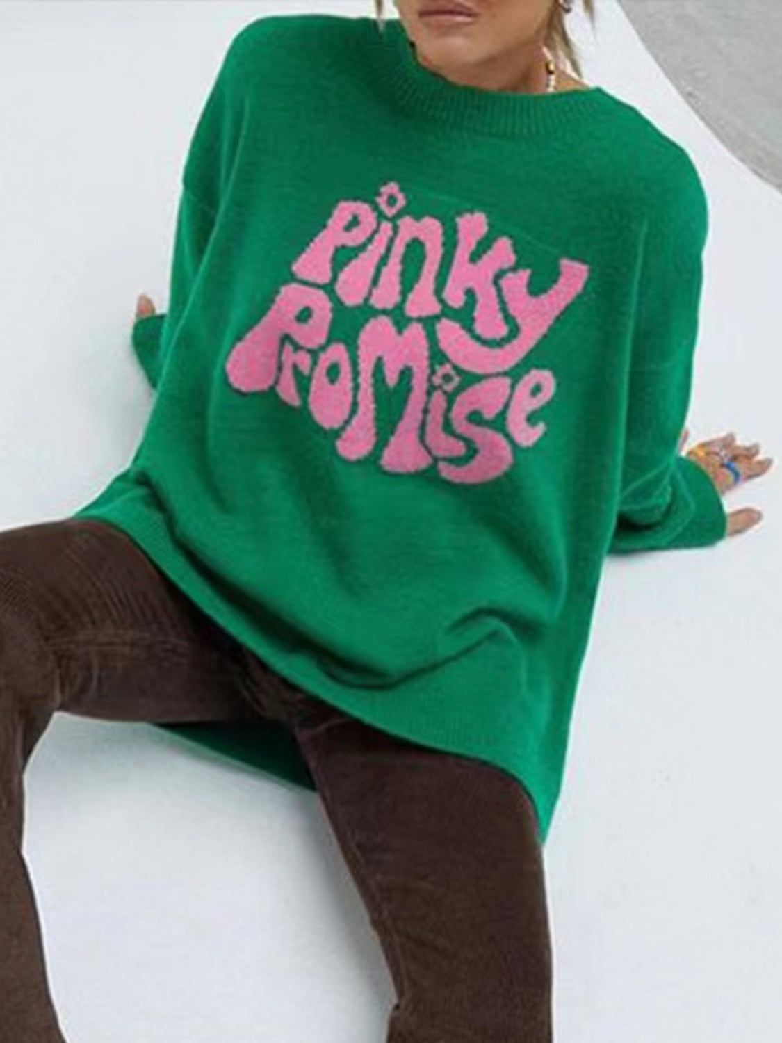 Pinky Promise Round Neck Drop Shoulder Sweater